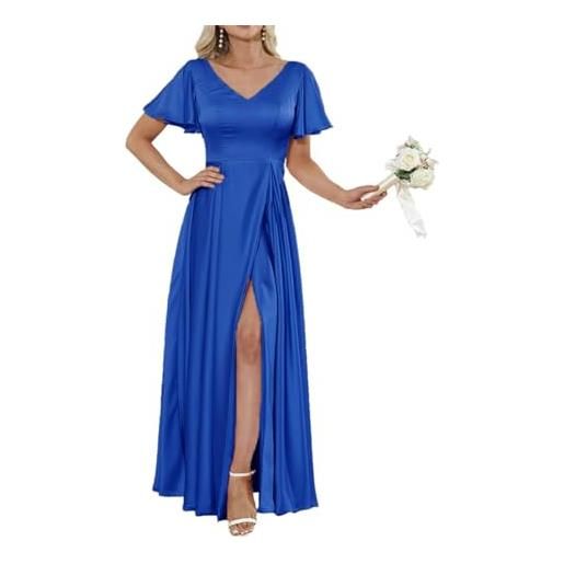 WSEYU abiti da damigella d'onore in raso da donna per matrimonio pieghe abiti da cocktail con fessura abiti da ballo taglie forti, blu reale, 58 più