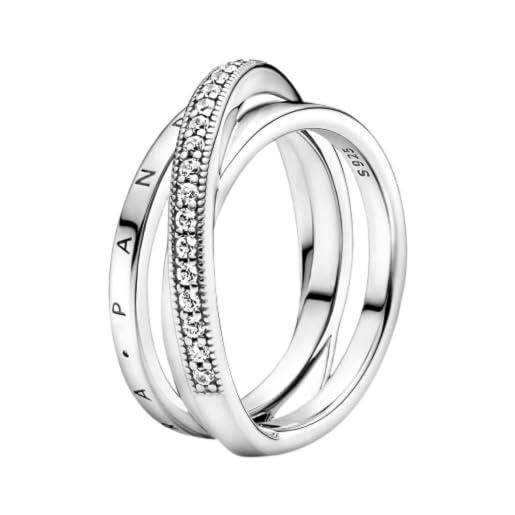 PANDORA signature anello con pavé incrociato a tripla fascia in argento sterling con zirconi cubici trasparenti, 58