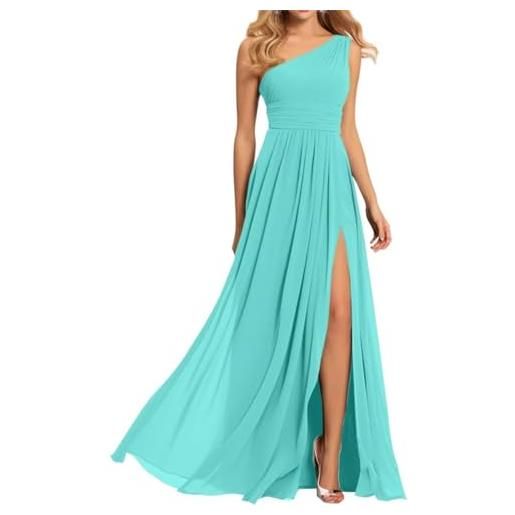 WSEYU abito da donna monospalla da damigella d'onore per matrimonio in chiffon plissettato abito da ballo con fessura abiti da festa di nozze, turchese, 44