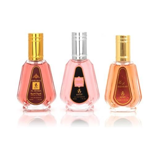 AYAT PERFUMES yat perfumes - cofanetto 3 profumi - eau de parfum ameerat al arabia, barakah & yana pink - 3x50ml - donna & unisex - profumo orientale di dubai - lunga durata - idea regalo