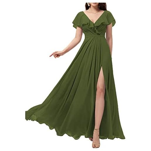 WSEYU scollo a v abiti da damigella d'onore lunghi con fessura in chiffon una linea di volant abiti da ballo con tasche c087, verde oliva, 46