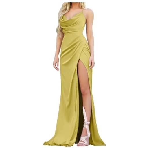 WSEYU abito da sera da donna con spacco, in raso, abito da damigella d'onore, spalle scoperte, abito da sera, abito formale a sirena, oro, 42