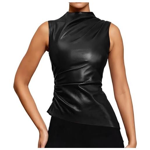 Ehoomely canotta da donna in pelle sintetica con collo alto, senza maniche, increspato, per feste, nero_a, xl