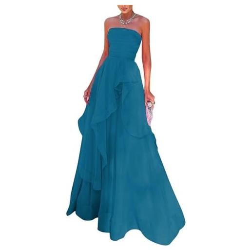 WSEYU abito da donna senza spalline in chiffon lungo senza maniche, linea a, abiti da damigella d'onore, abito da sera formale, abiti da sposa, blu, 46