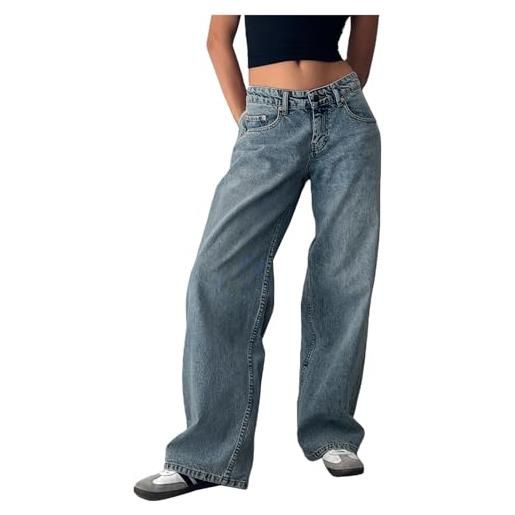 Générique pantaloni baggy nero jeans baggy a vita bassa da donna, taglio ampio, dritto, gambe larghe, pantaloni lunghi in denim elasticizzato, tendenza leggings cotone vestiti, azzurro, s