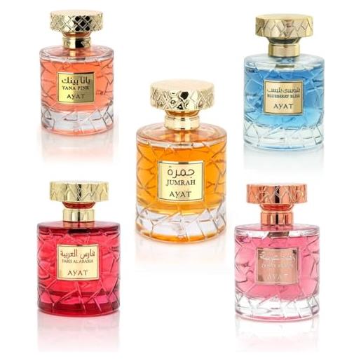 AYAT PERFUMES cofanetto 5 profumi - eau de parfum donna & unisex - yana pink, jumrah, blueberry bliss, faris al arabia, zahra arabia - 5x100ml - profumo di dubai - lunga durata - idea regalo