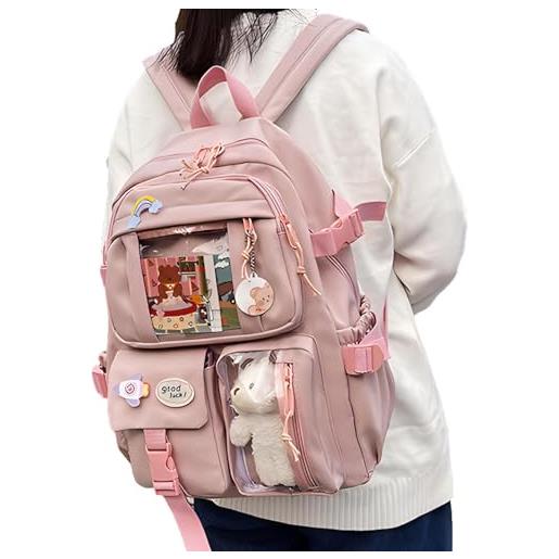 Générique zaino, zaino con spilla, borse di scuola nere/rosa/crema-bianco/verde con spilla e accessori zaino con spilla e accessori, rosa, se référer au descriptif