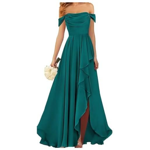 WSEYU fuori dalla spalla abiti da damigella d'onore con fessura pieghettato chiffon abiti da ballo lungo abito da sera formale zm018, foglia di t, 48