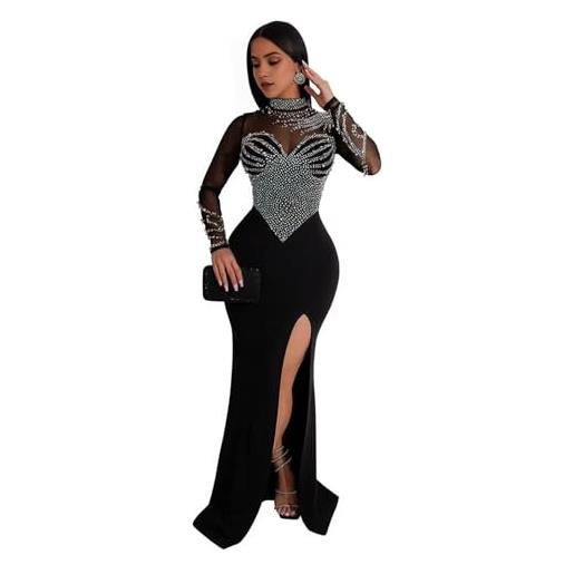SHINROAD abito lungo slim fit con spacco laterale lungo abito lungo da donna a maniche lunghe con spacco laterale maxi abito con decorazioni in strass, nero , l