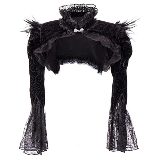 HAOSEM nero vittoriano gotico bolero donna giacca con piume colletto in piedi maniche lunghe pizzo e velluto a coste giacche