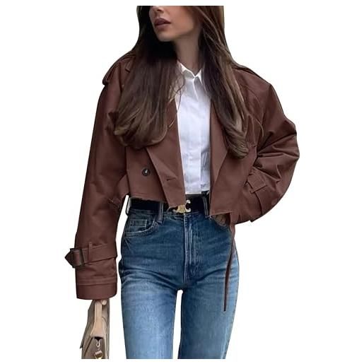 Vimyig trench corto da donna casual con risvolto doppio petto giacca corta capispalla con cintura, marrone, small