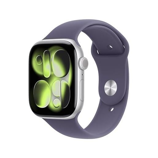 Apple watch series 11 gps + cellular, cassa 46 mm in alluminio color argento con cinturino sport viola nebbia - m/l