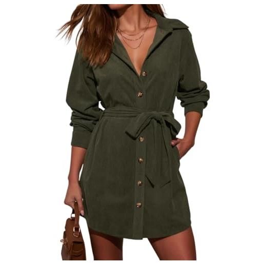 R.Vivimos autunno inverno donna manica lunga abito in corduroy v collo bottone giù camicia mini abito con tasche(s, army. Green)