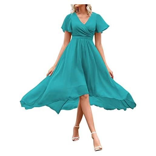 WSEYU abiti da damigella d'onore corti con scollo a v abiti da ballo a pieghe in chiffon alto-basso con tasche, blu acqua, 48