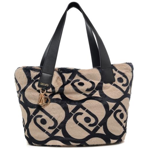 Liu Jo borsa a spalla da donna in pelliccia con maxi logo monogram all over neutro nero