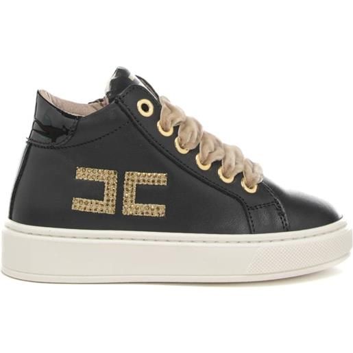 Elisabetta Franchi sneakers alte da bambina in vera pelle con lacci in velluto e dettagli dorati nere