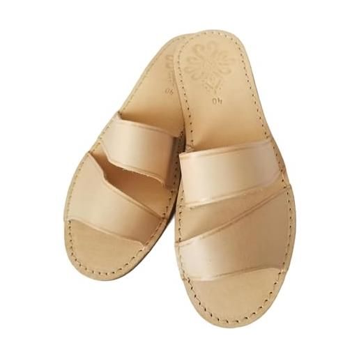 MARKA WYROBY WEŁNIANE - pantofole da donna - ciabatte donna estive - in pelle, con suola interna in pelle, punta aperta, zeppa, beige. , 38 eu