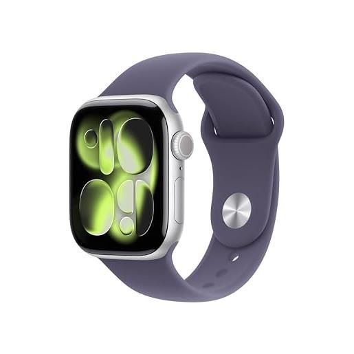 Apple watch series 11 gps, cassa 42 mm in alluminio color argento con cinturino sport viola nebbia - s/m