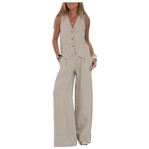 HUANGJB abiti da donna set da 2 pezzi con scollo a v senza maniche con bottoni gilet a gamba larga pantaloni a 2 pezzi blazer completo estivo in lino set abbinati, verde, xl