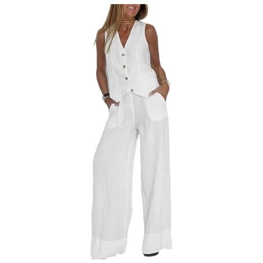 HUANGJB abiti da donna set da 2 pezzi con scollo a v senza maniche con bottoni gilet a gamba larga pantaloni a 2 pezzi blazer completo estivo in lino set abbinati, grigio, s