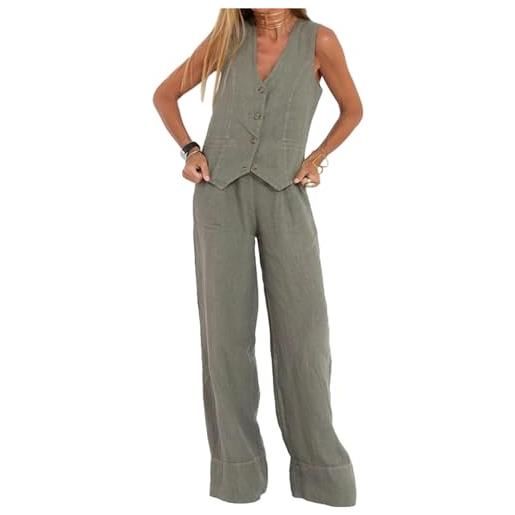 HUANGJB abiti da donna set da 2 pezzi con scollo a v senza maniche con bottoni gilet a gamba larga pantaloni a 2 pezzi blazer completo estivo in lino set abbinati, bianco, xl