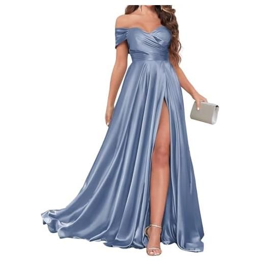 WSEYU principessa abiti da damigella d'onore fuori dalla spalla abiti da ballo in raso abito da sera formale con fessura, pavone, 52 più