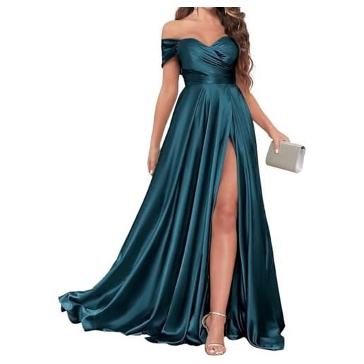 WSEYU principessa abiti da damigella d'onore fuori dalla spalla abiti da ballo in raso abito da sera formale con fessura, pavone, 52 più