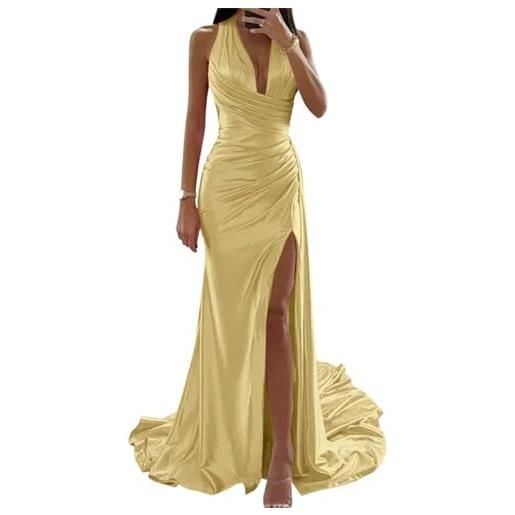 WSEYU abiti da damigella d'onore lunghi hater raso abiti formali per le donne matrimonio ospite sirena fessura pieghe senza schienale, oro, 48