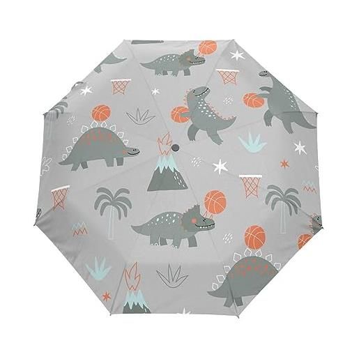 GAIREG ombrello da viaggio antivento con dinosauri che giocano a basket, piccolo ombrello automatico per zaino, borsa, auto