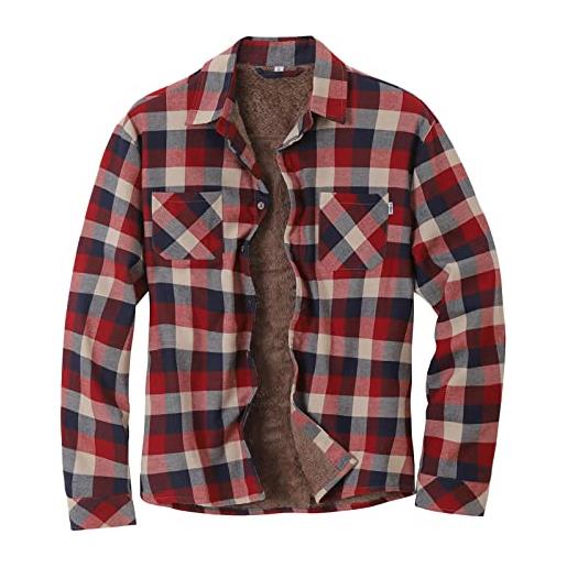 Darringls - camicia in flanella da uomo, con fodera, multi tasche, in cotone, calda, stile taglialegna, a quadri, per il tempo libero, giacca in pile termica, giacca invernale, colore: rosso, xl