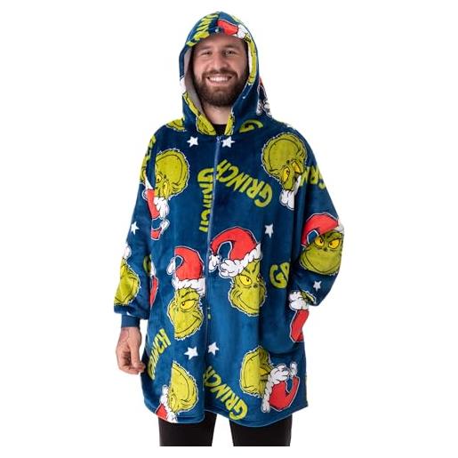 The Grinch felpa con cappuccio indossabile per adulti | pullover con cappuccio in pile con zip per adulti in blu con stampa del personaggio grinch | abbigliamento da casa foderato in sherpa con tasche