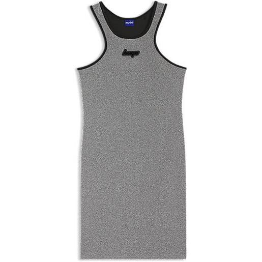 HUGO vestito in jersey lucente con spalline incrociate e targhetta con logo in silicone, argento