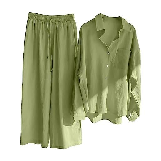 Generico completo donna estivo con pantalone larghi comodi offerta set di lino set di due pezzi comodo maniche lunghe camicia + pantaloni con bottoni leggero tute traspiranti moda completo per spiaggia estate