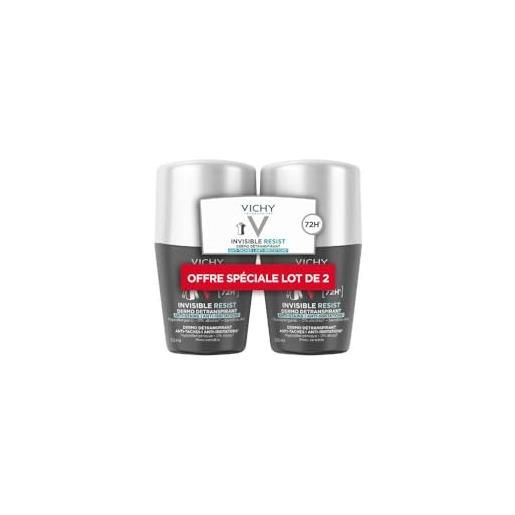 Vichy uomo invisible resist, deodorante roll-on, deodorante ad efficienza lunga durata 72 h, anti-macchie gialle e bianche, adatto per pelli sensibili, confezione da 2 x 50 ml