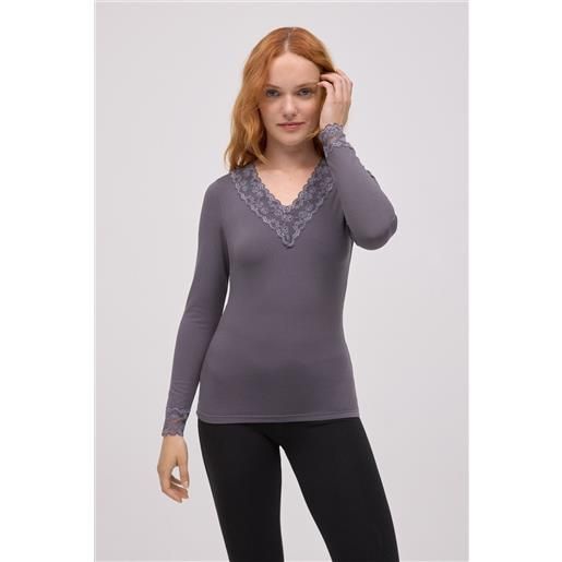 Ysabel Mora maglietta termica con scollo a v e dettagli in pizzo grigio