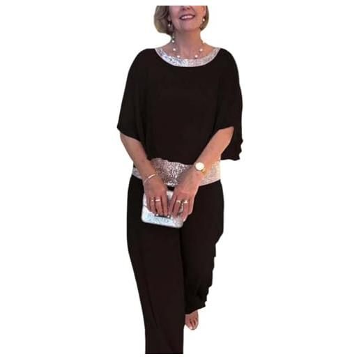 Goolecrimp abito elegante da donna cena per gli ospiti di nozze cocktail chiffon irregolare polsino set estate casual allentato rotondo paillettes color blocking neck ruffle top (nero, xxl)