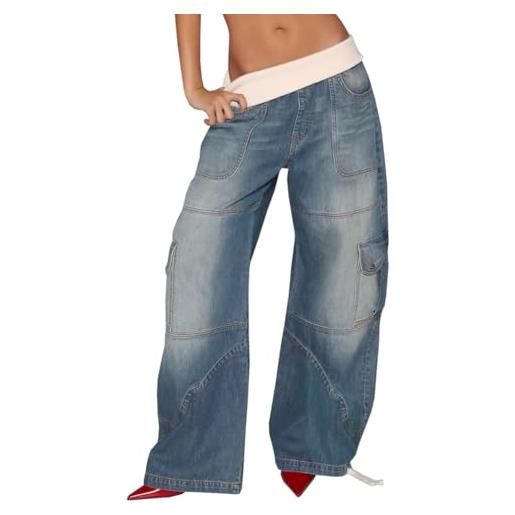 TACSTRUN jeans larghi larghi alla moda da donna pantaloni in denim a vita alta lavati vintage, blu, s