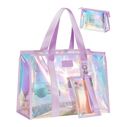 DSDCDJ grande borsa da spiaggia con chiusura lampo, borsa da spiaggia arcobaleno, impermeabile, con custodia per cellulare e borsa da bagno, borsa da spiaggia trasparente, xxl, pieghevole, borsa da