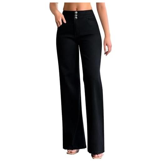 roswear jeans da donna a gamba larga casual a vita alta elasticizzati larghi pantaloni in denim larghi, nero, m