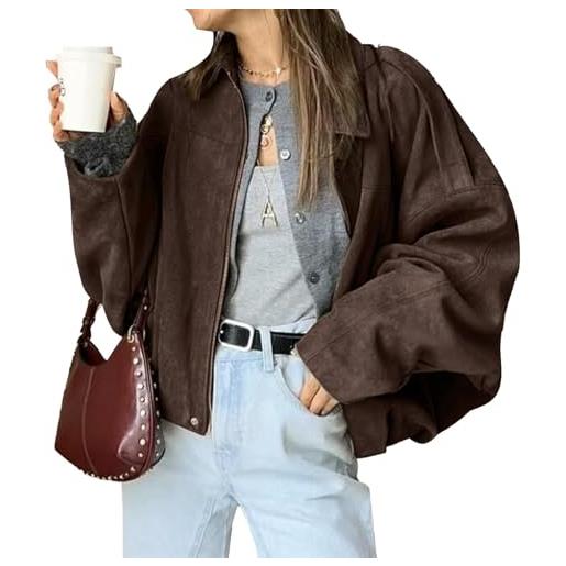 Yancremio moda delle donne casual risvolto sciolto a maniche lunghe camoscio cerniera giacca y2k primavera e autunno colore solido strada tendenza partito versatile giacca (caffè, l)