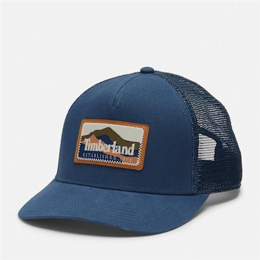 Timberland - cappellino trucker con applicazione mountain in blu scuro, blu