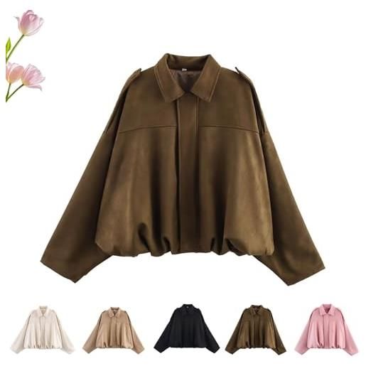 Kirposh giubbotto bomber da donna, cappotti casual alla moda da donna, cappotto corto con zip a maniche lunghe a pipistrello, giacca in pelle scamosciata(maroon, xl)
