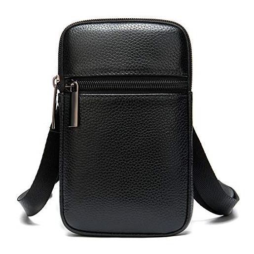 PWQYRQE custodia da cintura pelle per cellulare uomo, borsello tracolla per smartphone nero, fondina porta cellulare pelle borsa a spalla borsetta sacchetto per telefono running sportivo viaggio portafoglio