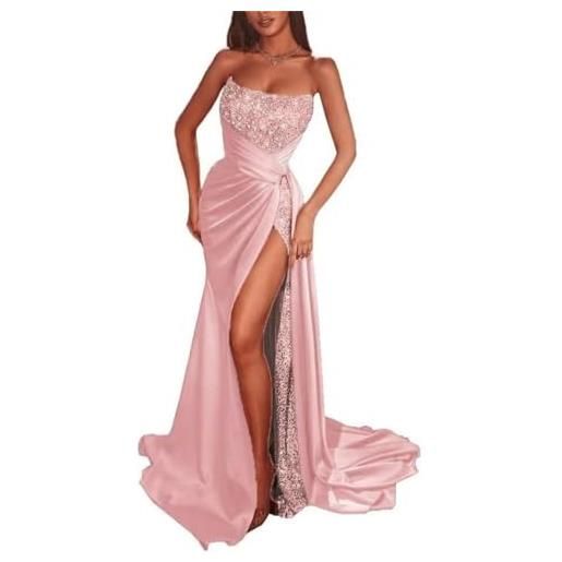 KURFACE abito da ballo da donna con scollo a v increspato paillettes abiti da festa di nozze formale con fessura wsx493, rosa cipria, 48