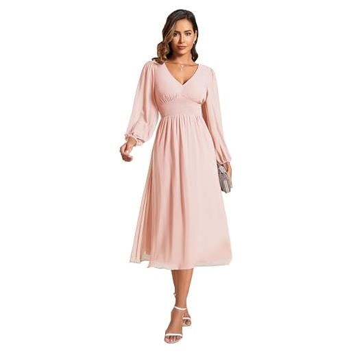 Ever-Pretty vestito elegante donna cerimonia manica lunga collo a v gonna midi abito da sposa chic rosa 44