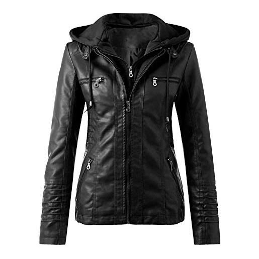 LOIJMK giacca da motociclista da donna in pelle, con cappuccio, giacca da motociclista funky, sottile, in similpelle, alla moda, con cappuccio, a maniche lunghe, per le mezze stagioni, slim fit, nero , xxl