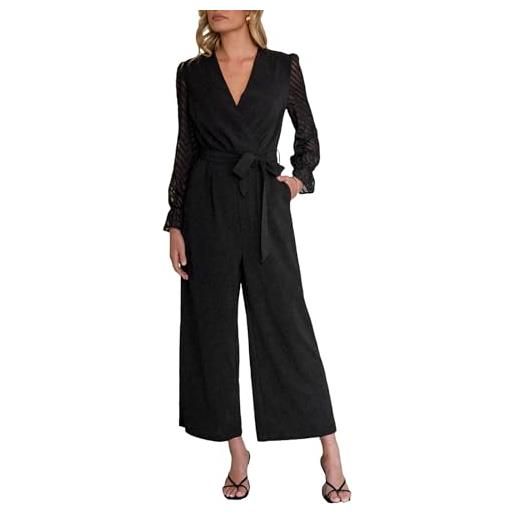CUPSHE tuta da donna con scollo a v, maniche velate, cravatta in vita, gamba lunga, casual, elegante, nero , s