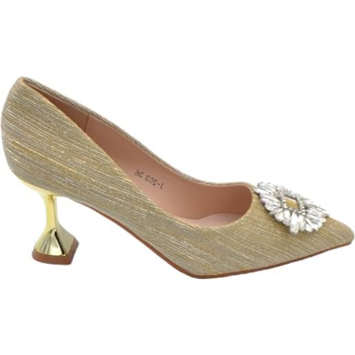Malu Shoes decollete donna a punta glitterato oro tacco martini 8 cm linea elegante con spilla gioiello comodo eventi