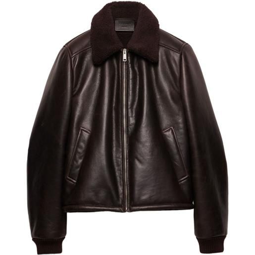Prada giacca in pelle con collo in shearling - marrone