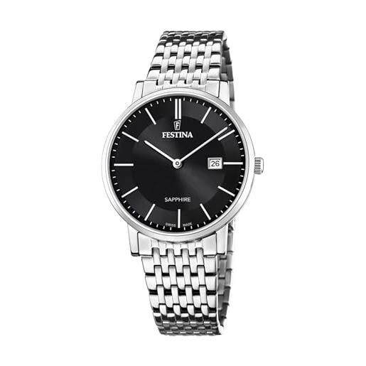 Festina swiss made orologio uomo analogico acciaio 316l argento - quarzo data - vetro zaffiro resistente - impermeabile 5 atm - f20018/3 classic steel